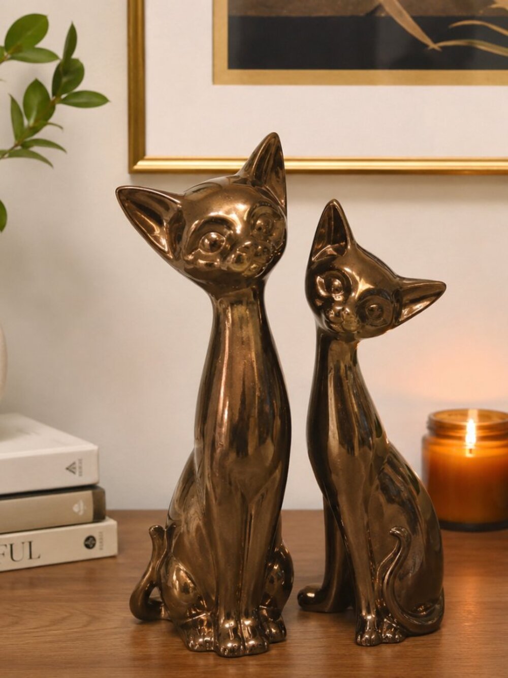 Vintage Ceramic Copper Glaze Cat Figurines Set of 2 Mid Century Style 1984